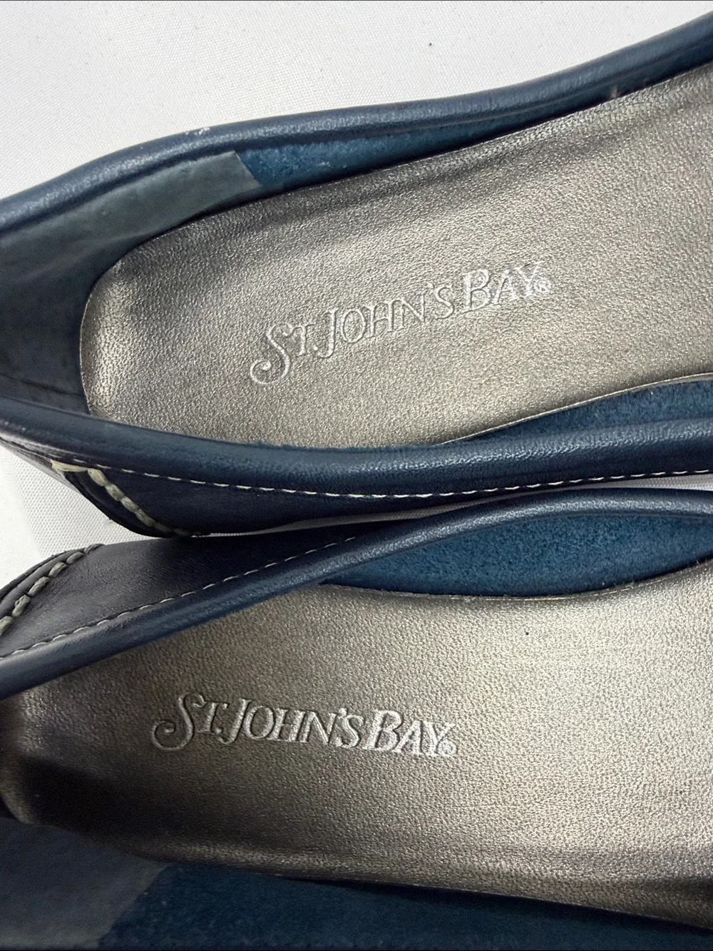 St. John's Bay Navy Leather Loafers with White Stitching